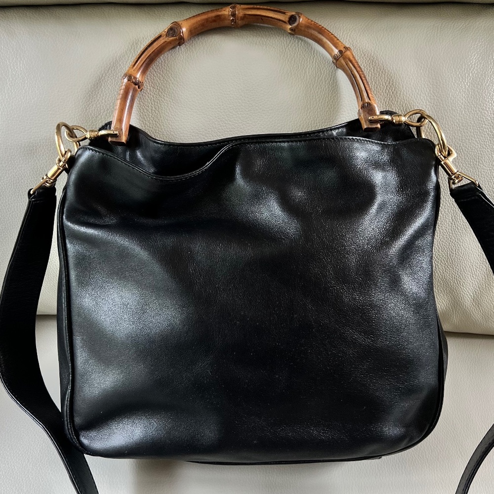 GUCCI Bamboo Handle Black Leather Shoulder Bag Purse